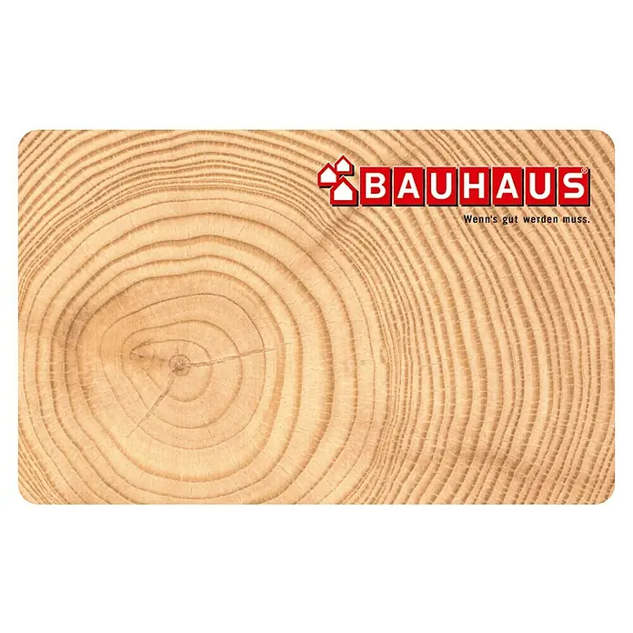 Gutscheinkarte - Per Postversand, 20 Euro, Holz - Bauhaus Gutscheinkarte mit einem Baumscheibenmotiv. Die Geschenkkarte ist ideal für Heimwerker und Gartenfreunde.
