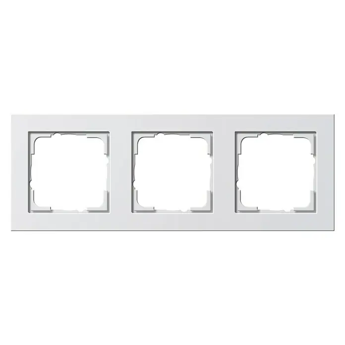 Gira E2 Abdeckrahmen 021329 - Reinweiß glänzend, 3-fach, Kunststoff - Ein weißer, dreifacher Schalterrahmen für Lichtschalter und Steckdosen, zur Wandmontage. Ideal für ein modernes Interieur.