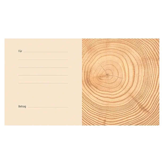 Gutscheinkarte - Per Postversand, Individueller Betrag, Holz - Gutscheinvorlage mit Baumscheiben-Motiv und Platz für individuelle Einträge wie Betrag und Empfänger für persönliche Gutscheine.