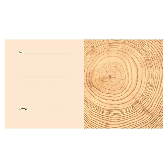 Gutscheinkarte - Per Postversand, 20 Euro, Holz - Gutscheinvorlage mit Baumscheiben-Motiv und Platz für individuelle Einträge wie Betrag und Empfänger für persönliche Gutscheine.