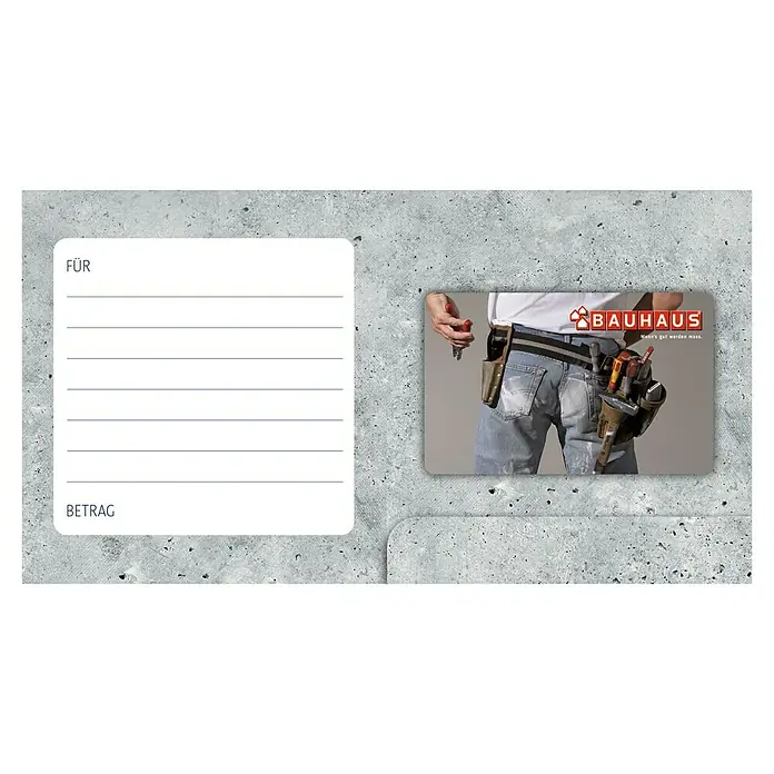 Gutscheinkarte - Per Postversand, Gutscheinwert: 10 Euro, Gürteltasche - Geschenkgutschein von BAUHAUS mit Platz für persönliche Widmung und Geldbetrag. Ideal für Heimwerker und Bauprojekte.