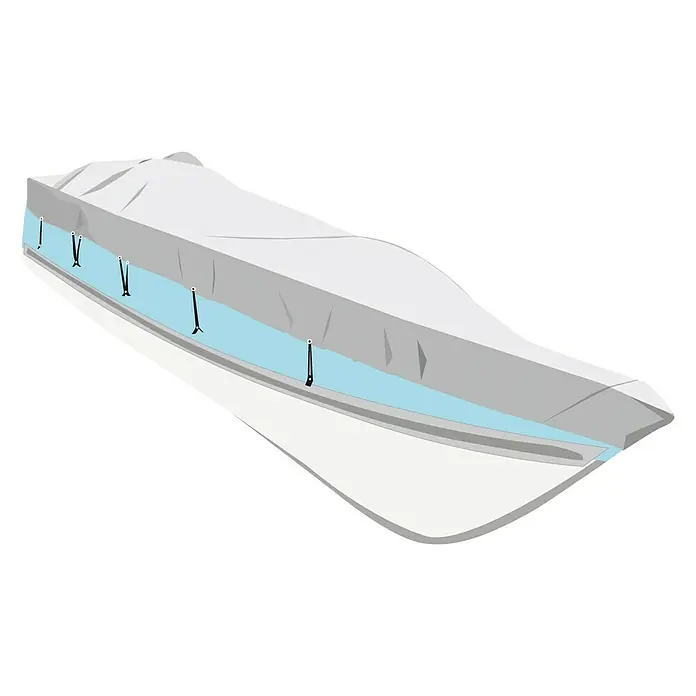 Talamex Persenning - Geeignet für: Boote mit 427 - 488 cm Länge, Polyester, 10 D-Ringe - Abdeckung für Motorboot mit Abspannseilen und blauem Rand. Schützt das Boot vor Witterungseinflüssen und hält es sauber.