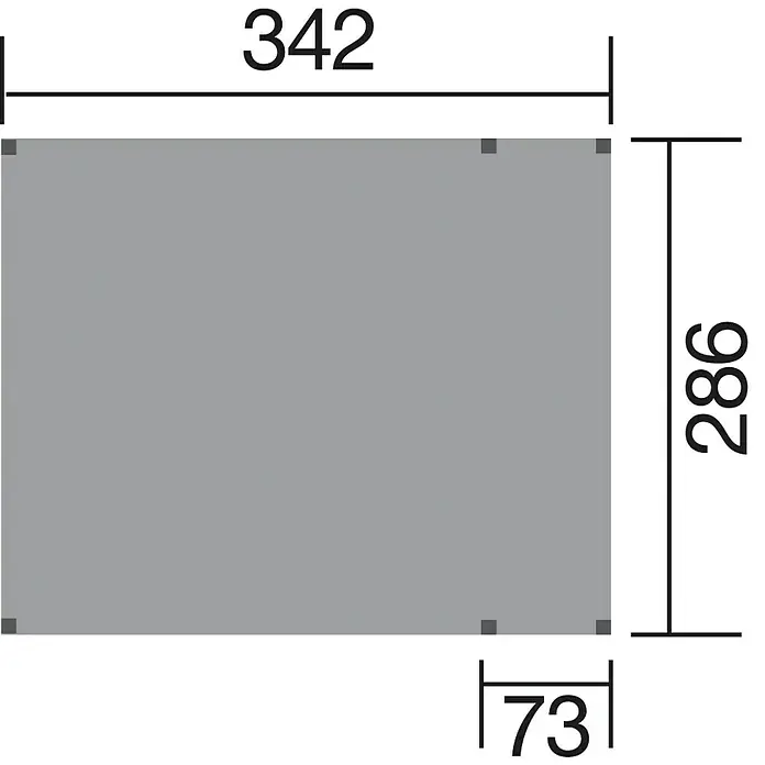 Weka Schaukel Tabaluga - B x L: 286 x 342 cm, Holz - Graues Rechteck mit Maßangaben (342 x 286) und Detailmaß von 73. Schematische Darstellung für technische Zeichnungen oder Produktinformationen.