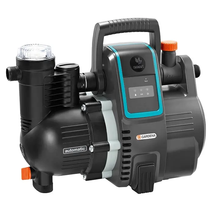 Gardena Smart system Hauswasserautomat smart Pressure Pump Set - 2 -tlg., 1.300 W, Max. Fördermenge: 5.000 l/h, Max. Druck: 5 bar - Abbildung einer Gardena Smart Power Hauswasserwerk-Pumpe, die für die Hauswasserversorgung und die Gartenbewässerung verwendet wird.
