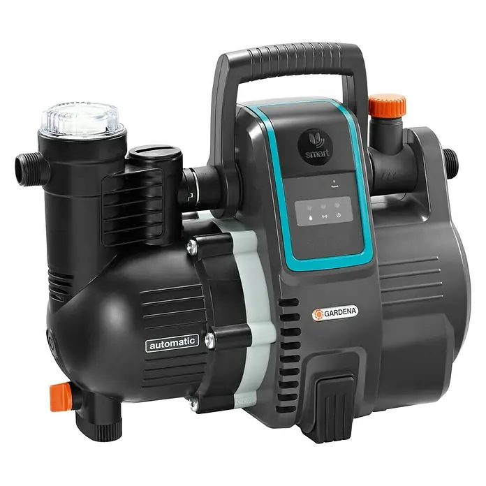 Gardena Smart system Hauswasserautomat smart Pressure Pump Set - 2 -tlg., 1.300 W, Max. Fördermenge: 5.000 l/h, Max. Druck: 5 bar - Abbildung einer Gardena Smart Power Hauswasserwerk-Pumpe, die für die Hauswasserversorgung und die Gartenbewässerung verwendet wird.