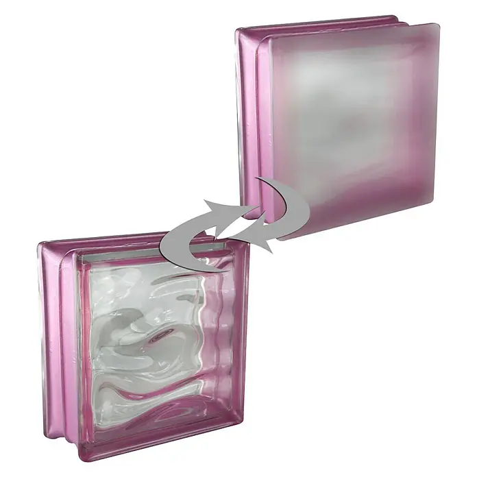 Fuchs Design Glasbaustein BM Reflex - Amethyst, Aqua, 19 x 19 x 8 cm, Einseitig satiniert - Rosa Glasbausteine mit Pfeilen, die ihre Austauschbarkeit andeuten, ideal für modernes Design und flexibles Bauen.