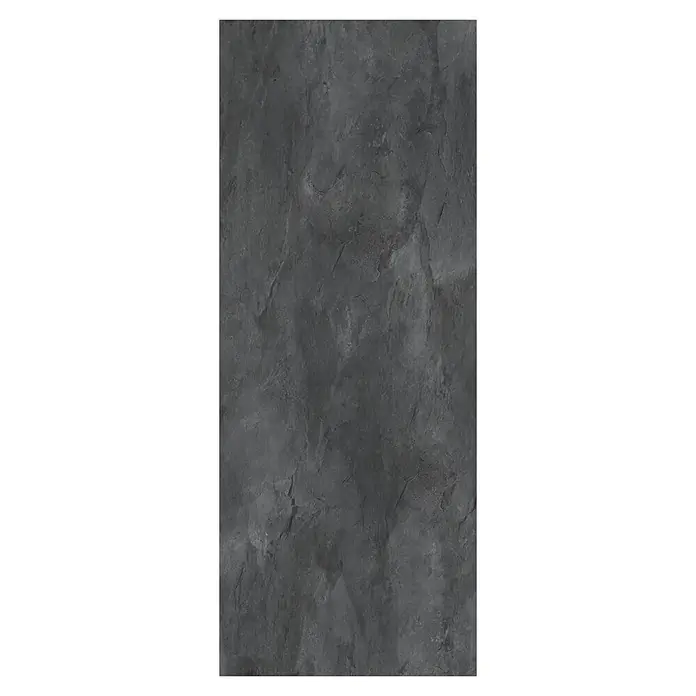 GEO Alu-Verbundplatte - 100 x 210 cm, Schiefer - Nahaufnahme einer dunklen Wandfliese mit unregelmäßiger, marmorähnlicher Textur, ideal für moderne Innenräume.