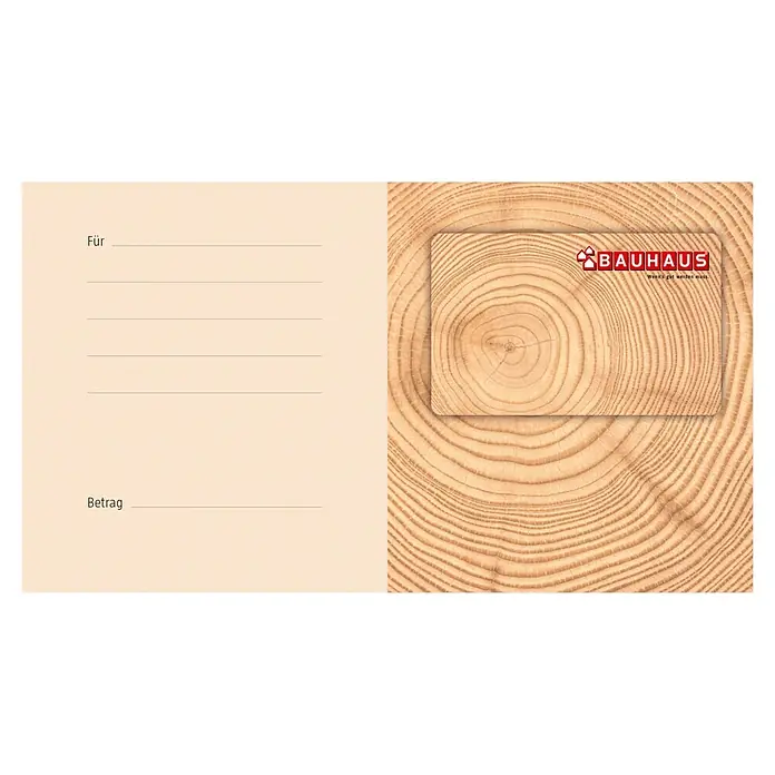 Gutscheinkarte - Per Postversand, Individueller Betrag, Holz - Geschenkgutschein von Bauhaus, ideal zum Verschenken für Heimwerker und Handwerker. Ein tolles Geschenk für alle Gelegenheiten.