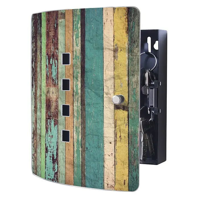 Burg-Wächter Armario para llaves Vintage - L x An x Al: 7 x 21 x 24 cm, Número de ganchos: 10 ud., Madera de colores - Armario para llaves con tiras de madera de colores y ganchos para llaves. Almacenamiento práctico para llaves con diseño vintage.