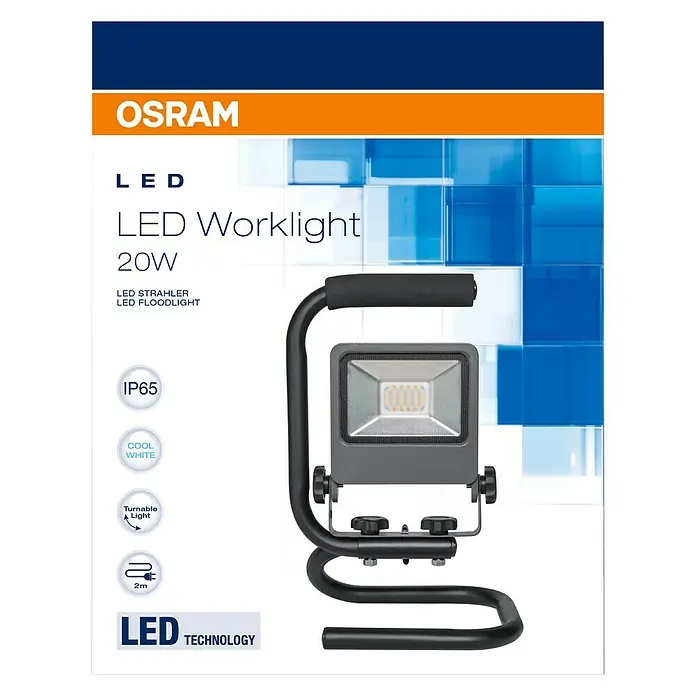 Ledvance LED-Strahler Floodlight - 20 W, 1.600 lm, 4.000 K, IP65 - Abbildung einer tragbaren OSRAM LED-Arbeitsleuchte mit 20 W Leistung, ideal für Baustellen und Werkstätten, mit robustem Design und hoher Lichtleistung.