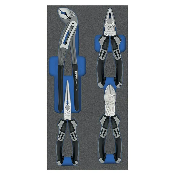 Matador Tool System Zangen-Set - 4 -tlg., Gerade - Matador Zangen-Set in einer blauen Schaumstoffeinlage. Das Set enthält verschiedene Zangentypen für diverse Anwendungen.