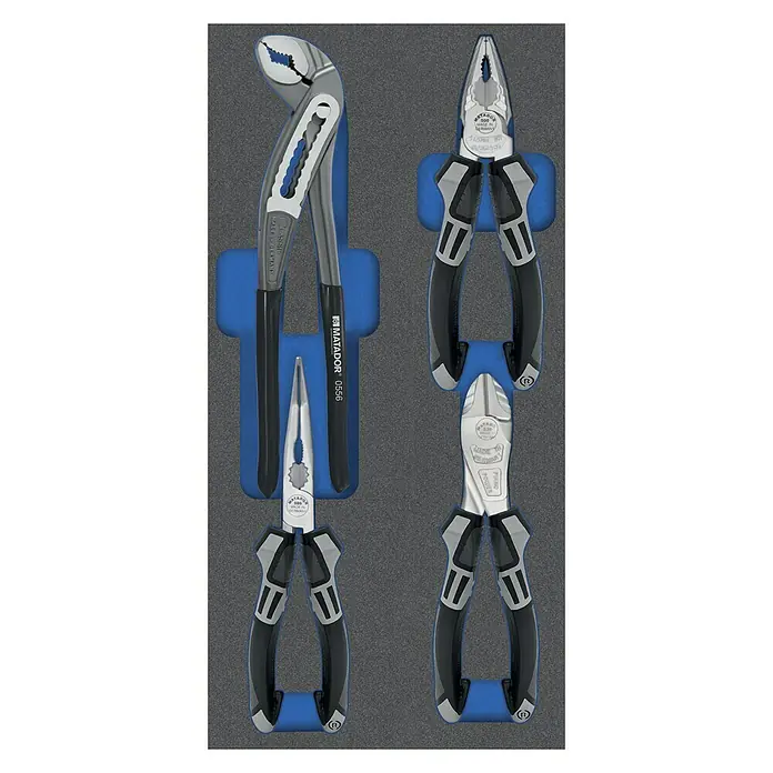 Matador Tool System Zangen-Set - 4 -tlg., Gebogen - Matador Zangen-Set in Schaumstoffeinlage. Das Set beinhaltet verschiedene Zangentypen für unterschiedliche Anwendungen.