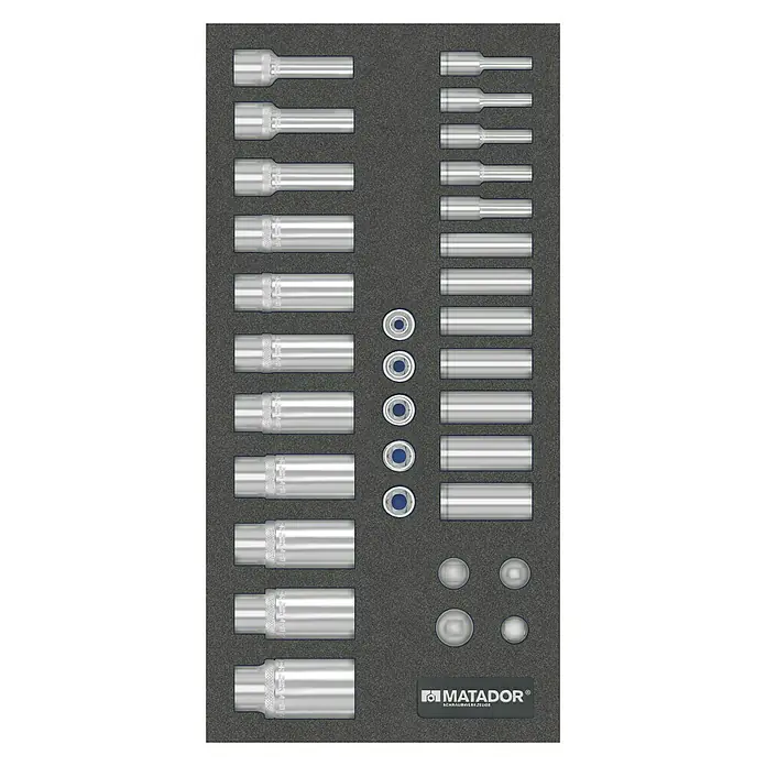 Matador Tool System Steckschlüsseleinsatz-Set - ⅜″, 32 -tlg. - Abbildung eines Matador Steckschlüsselsatzes, ideal für professionelle Anwendungen. Das Set besteht aus verschiedenen Größen und Ausführungen für Vielseitigkeit.