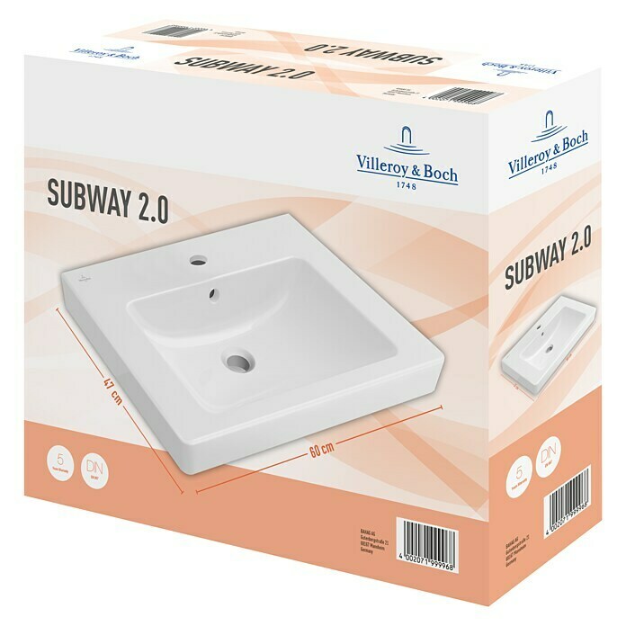 Villeroy & Boch Subway 2.0 Waschtisch60 x 47 cm, Ohne Spezialglasur, Hahnloch: Mitte, Mit Überlauf, Weiß Unknown