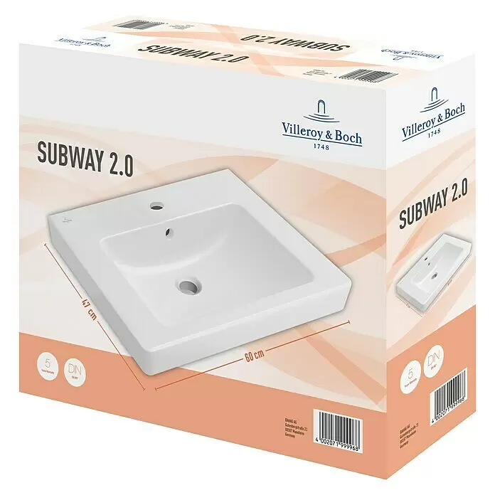 Villeroy & Boch Subway 2.0 Waschtisch - 60 x 47 cm, Ohne Spezialglasur, Hahnloch: Mitte, Mit Überlauf, Weiß