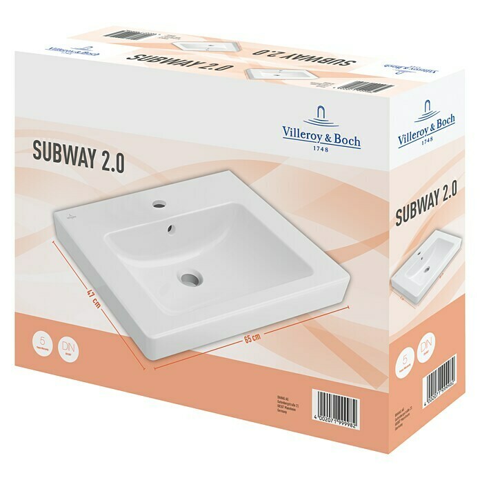 Villeroy & Boch Subway 2.0 Waschtisch65 x 47 cm, Ohne Spezialglasur, Hahnloch: Mitte, Mit Überlauf, Weiß Unknown