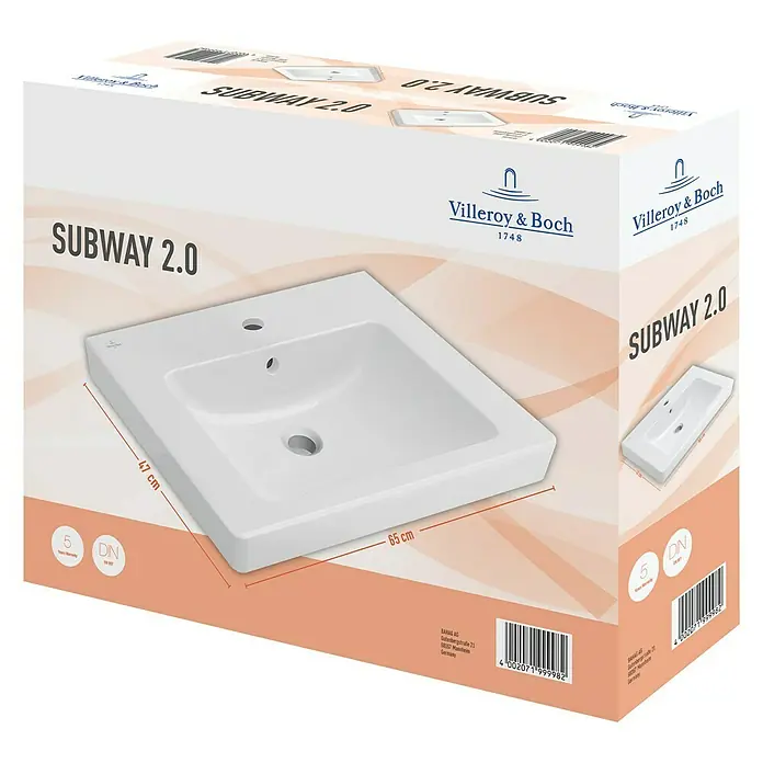 Villeroy & Boch Subway 2.0 Waschtisch - 65 x 47 cm, Ohne Spezialglasur, Hahnloch: Mitte, Mit Überlauf, Weiß - Bild eines verpackten Villeroy & Boch Subway 2.0 Waschtisches mit Maßangaben und Markenlogo.