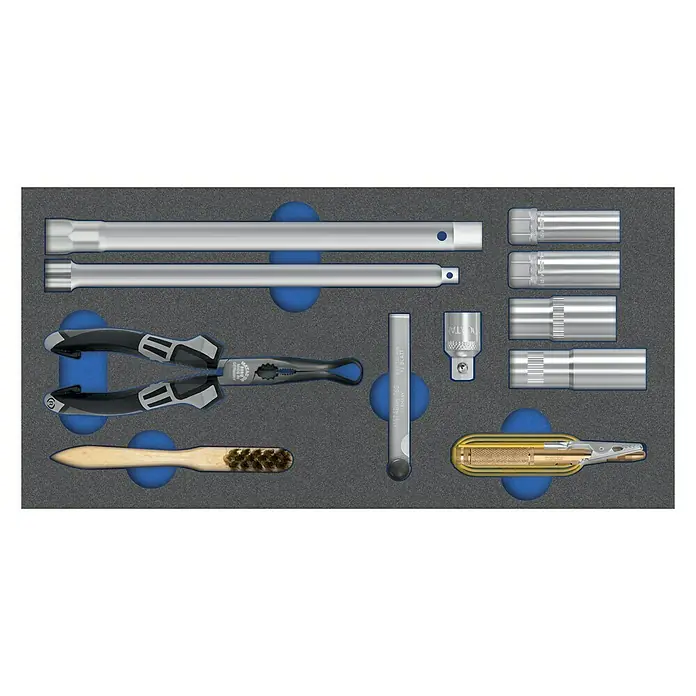 Matador Tool System Zündkerzen-Werkzeugsatz - 11 -tlg. - Werkzeugsatz in einer schwarzen Schaumstoffeinlage mit verschiedenen Werkzeugen wie Zangen, Bürste und Steckschlüsseln.