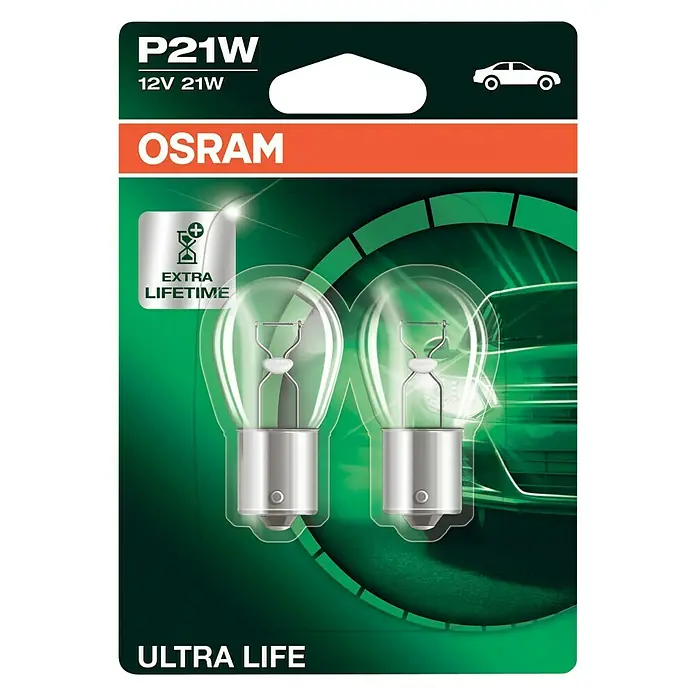 Osram Brems- & Schlusslichtleuchte Ultra Life - P21W, 2 Stk. - P21W Ultra Life Glühlampen von Osram: Langlebige 12V 21W Lampen für zuverlässige Beleuchtung im Auto.