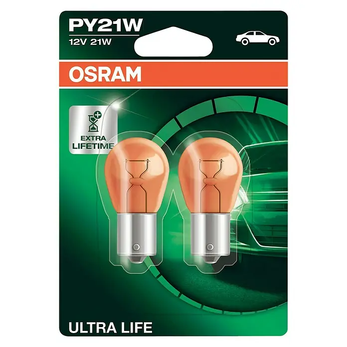 Osram Blinklicht-Lampen Ultra Life - PY21W, 2 Stk. - Die Osram PY21W Ultra Life Blinkerlampe im Doppelpack: Langlebige, orangefarbene Glühbirnen für zuverlässige Signale im Straßenverkehr.