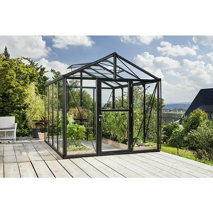 Vitavia Gewächshaus Zeus 8100 - Außenmaß inkl. Dachüberstand (B x T): 256 x 316 cm, 3 mm, Schwarz - Ein modernes Gewächshaus aus Glas und schwarzem Rahmen, das Pflanzen optimal schützt und das Gärtnerherz höherschlagen lässt.