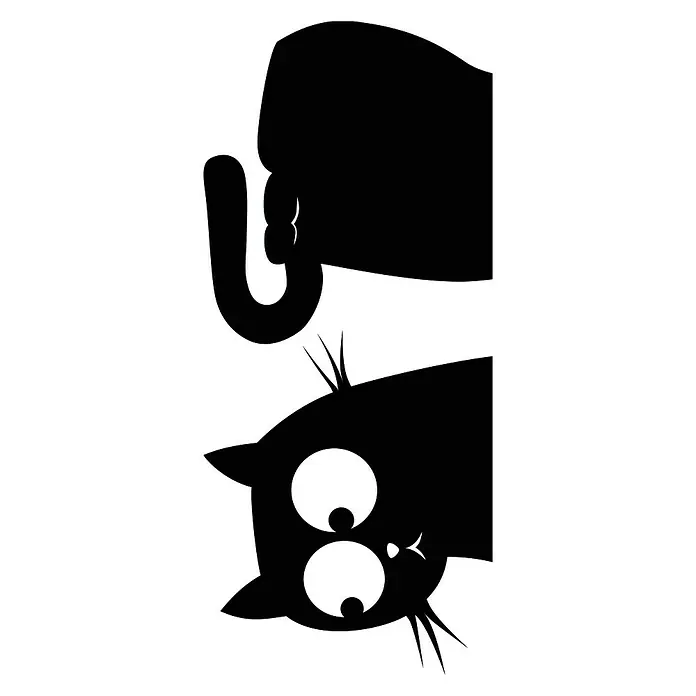 Vinilo de pared Gato y pez - Negro/blanco, Plástico - Gato negro cabeza abajo sujetado por la cola. Ilustración lúdica con ojos grandes y expresión curiosa.