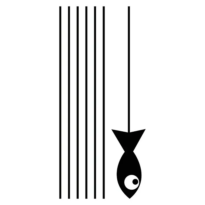 Vinilo de pared Gato y pez - Negro/blanco, Plástico - Pez negro colgando de una cuerda junto a líneas verticales negras.