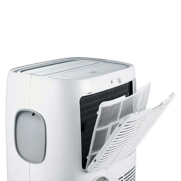 TCL Mobiles Klimagerät TAC-09CPA/KA - 2,64 kW, Raumgröße: 26 m², Weiß - Tragbare Klimaanlage mit offenem Filter zur Reinigung und Wartung. Das Gerät ist weiß und hat ein modernes Design.