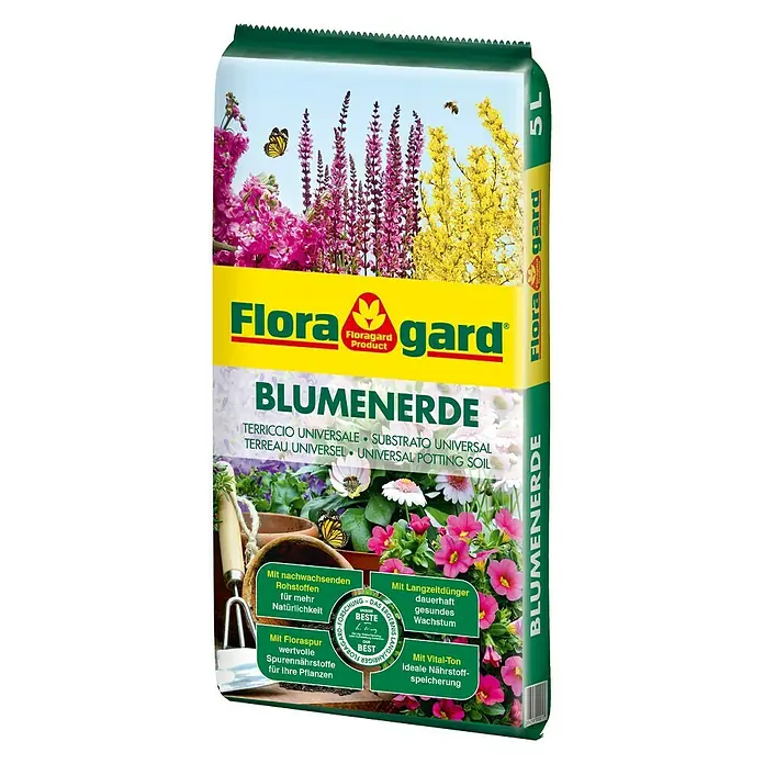 Floragard Blumenerde - 5 l - Blumen-Erde von Flora Gard, universell einsetzbar. Ideal für Blumen, Gemüse und Kräuter. Beste Ergebnisse durch hochwertige Inhaltsstoffe.