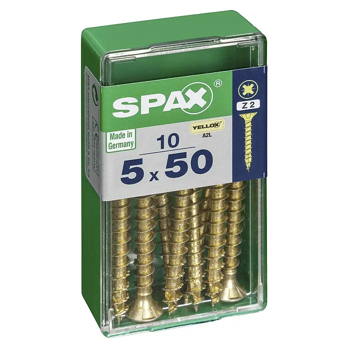 Spax Universalschraube - 5 x 50 mm, Vollgewinde, 10 Stk. - Eine Packung Spax Schrauben 5x50, ideal für Holzverbindungen. Hergestellt in Deutschland, Qualität und Präzision für Handwerker und Heimwerker.