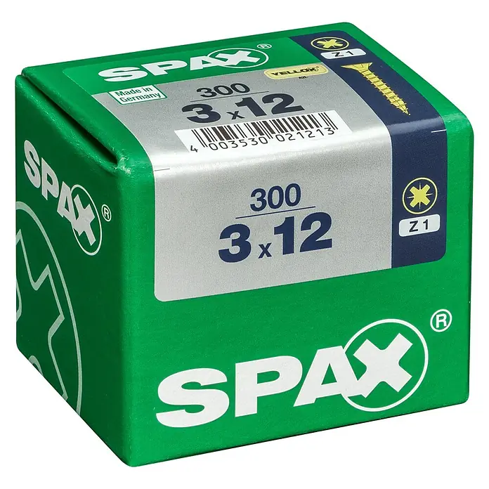 Spax Universalschraube - 3 x 12 mm, Vollgewinde, 300 Stk. - Eine grüne Packung Spax Schrauben, Größe 3x12, mit gelbem Kopf, ideal für Holzverbindungen und Heimwerkerprojekte.