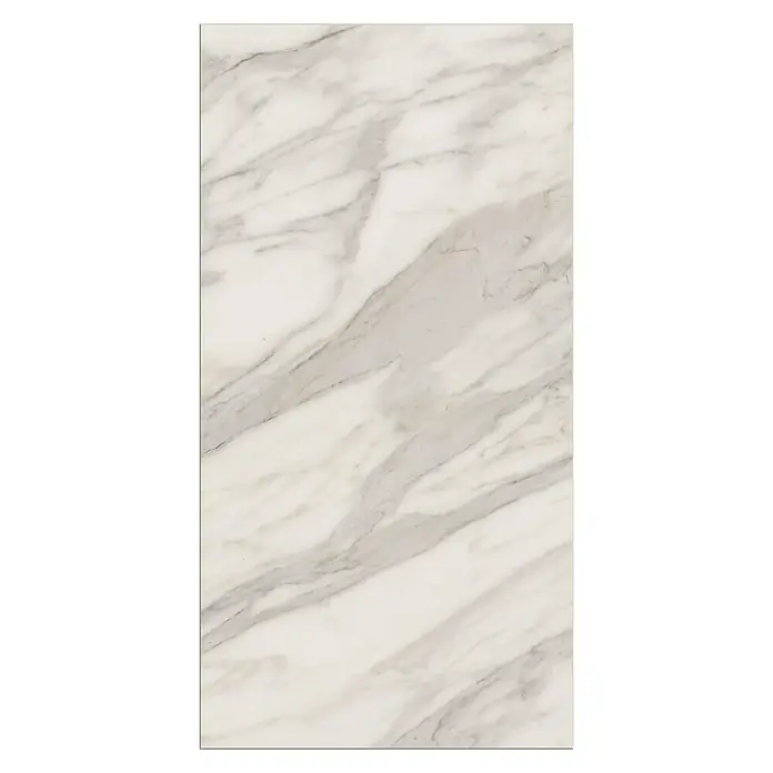 LOGOCLIC Laminatmuster Ceramico Amelia - 297 x 195 x 1 mm, Fliesenoptik - Bild einer rechteckigen Marmorfliese mit grau-weißen Wirbeln, ideal für moderne Boden- und Wandgestaltungen.