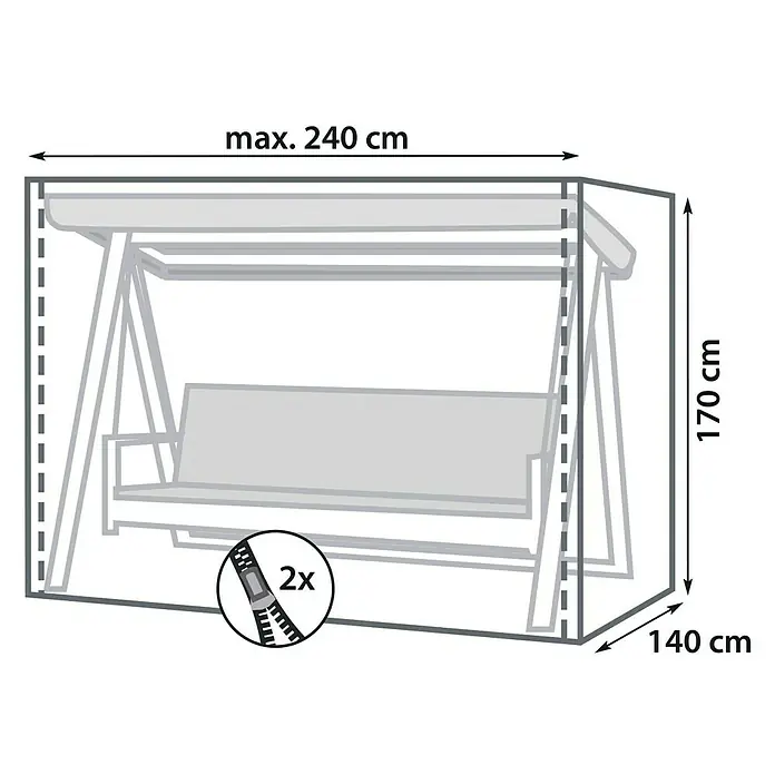 Sunfun Hollywoodschaukel-Schutzhülle - L x B x H: 240 x 140 x 170 cm, Polyester, 160 g/m² - Bild einer Schutzhülle für eine Hollywoodschaukel mit den Maßen max. 240 cm Breite, 170 cm Höhe und 140 cm Tiefe. Die Hülle hat zwei Reißverschlüsse.