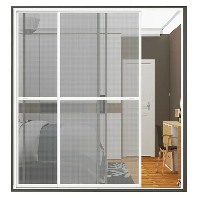 Easy Life proLINE 2 Insektenschutztür - B x H: 230 x 240 cm, Weiß, Montage Insektengitter: Klemmen - Ein geräumiger Schlafzimmerschrank mit einer transparenten Schiebetür und weißem Rahmen, der einen modernen und luftigen Look erzeugt.