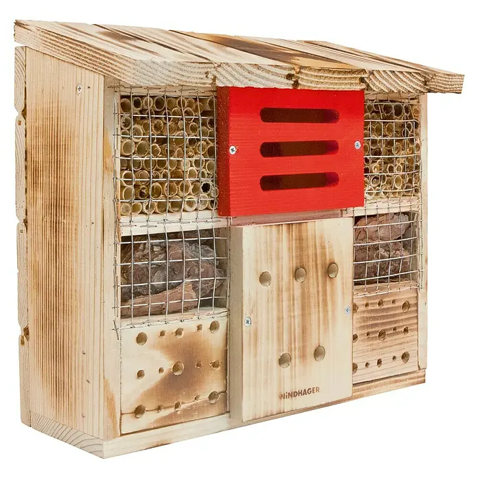 Windhager Insektenhotel Zur Linde - 30 x 13,5 x 27 cm, Naturbraun/Rot - Das Insektenhotel aus Holz bietet verschiedenen Insektenarten einen idealen Unterschlupf und Nistplatz im Garten.