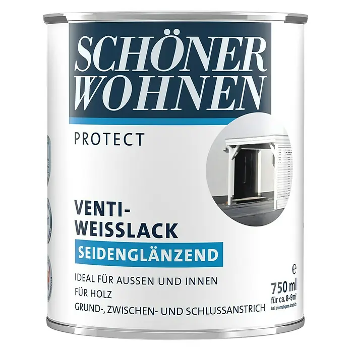 SCHÖNER WOHNEN-Farbe Protect Weißlack - Reinweiß, Seidenglänzend, 750 ml, Lösemittelbasiert - Dose Schöner Wohnen Venti-Weisslack seiden glänzend, ideal für Holz im Innen- und Außenbereich, 750ml für ca. 8-9m².