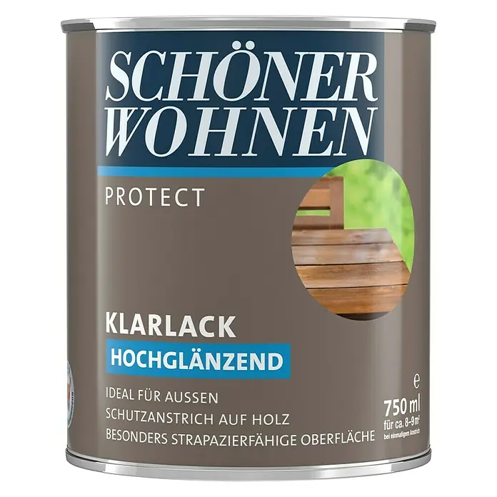 SCHÖNER WOHNEN-Farbe Protect Klarlack - Farblos, Hochglänzend, 750 ml, Lösemittelbasiert - Dose Klarlack Hochglänzend von Schöner Wohnen Protect für den Schutzanstrich auf Holz im Außenbereich.