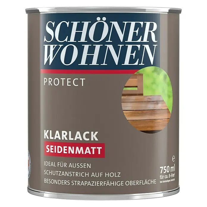 SCHÖNER WOHNEN-Farbe Protect Klarlack - Farblos, Seidenmatt, 750 ml, Lösemittelbasiert - Farbdose "Schöner Wohnen Protect Klarlack Seidenmatt" für den Außenbereich, ideal für Holzanstriche mit strapazierfähiger Oberfläche.