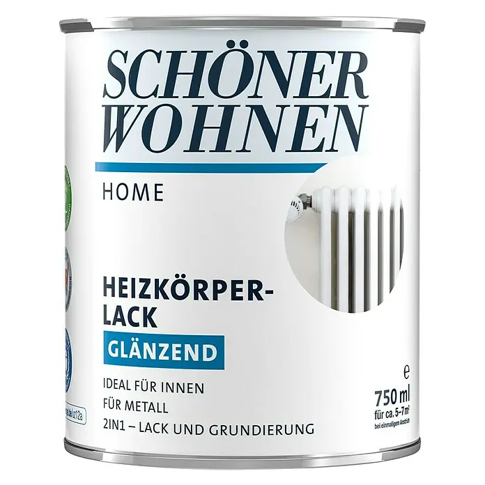SCHÖNER WOHNEN-Farbe Home Heizkörperlack - Weiß, Glänzend, 750 ml, Wasserbasiert - Farbdose „Schöner Wohnen Heizkörperlack Glänzend“ in Weiß mit der Aufschrift „Schöner Wohnen“ und dem Hinweis, dass die Farbe für Heizkörper geeignet ist.