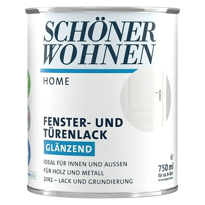 SCHÖNER WOHNEN-Farbe Home Fenster- & Türenlack - Reinweiß, Glänzend, 750 ml, Wasserbasiert - Dose Schön Wohnen Fenster- und Türenlack glänzend. Ideal für Holz und Metall, 750 ml für Innen und Aussen.
