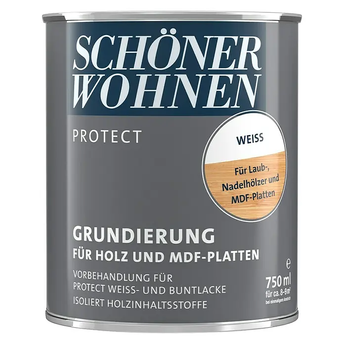 SCHÖNER WOHNEN-Farbe Protect Grundierung für Holz und MDF-Platten - Reinweiß, 750 ml, Matt - Dose Schönner Wohnen Protect Grundierung für Holz und MDF-Platten, 750ml. Vorbehandlung für Lacke, isoliert Holzinhaltsstoffe.