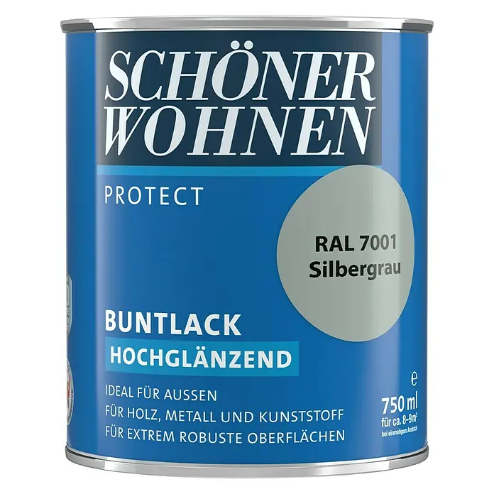 SCHÖNER WOHNEN-Farbe Protect Buntlack RAL 7001 - Silbergrau, Hochglänzend, 750 ml, Lösemittelbasiert - Abbildung einer Dose „Schöner Wohnen Protect Buntlack Hochglänzend“ in Silbergrau (RAL 7001), ideal für Holz, Metall und Kunststoff im Aussenbereich.