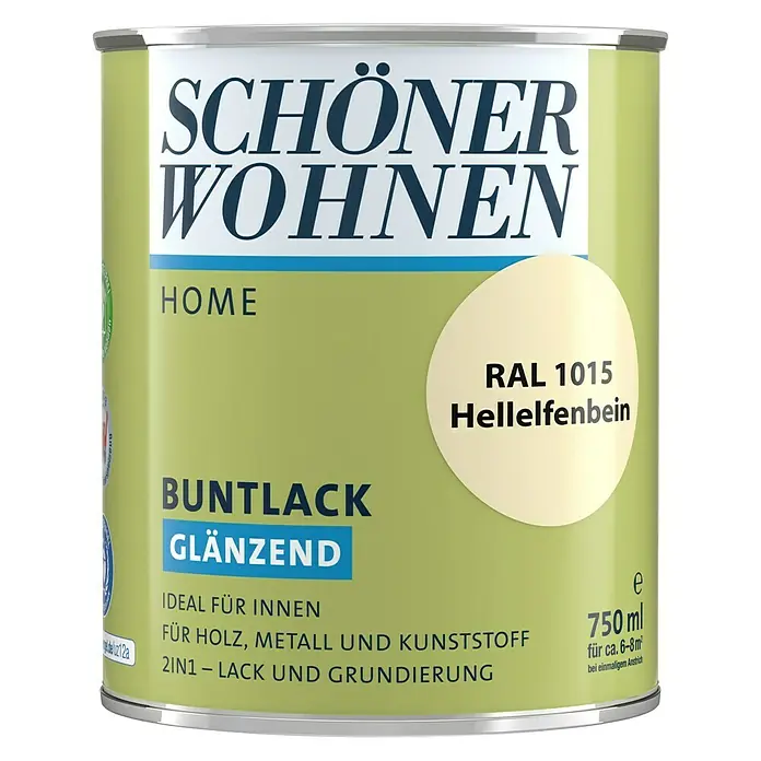 SCHÖNER WOHNEN-Farbe Home Buntlack - Hellelfenbein, Glänzend, 750 ml, Wasserbasiert - Dose Schöner Wohnen Buntlack glänzend, Farbton RAL 1015 Hellelfenbein, ideal für Holz, Metall und Kunststoff im Innenbereich.