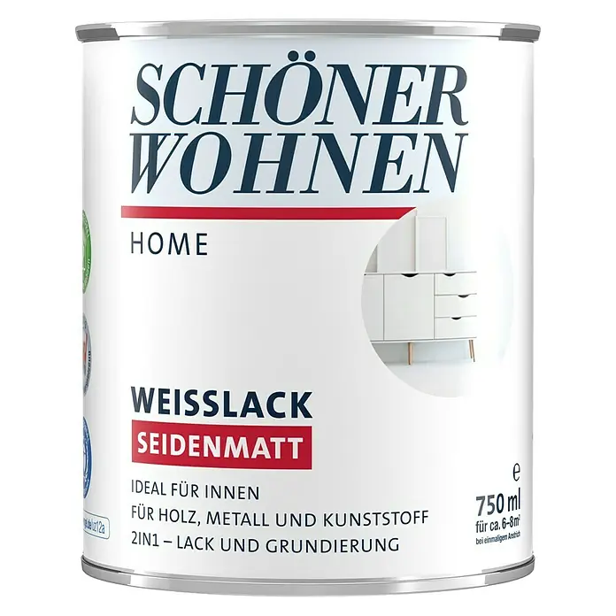 SCHÖNER WOHNEN-Farbe Home Weißlack - Weiß, Seidenmatt, 750 ml, Wasserbasiert - Dose Schönner Wohnen Home Weisslack Seidenmatt, eine vielseitige Innenfarbe für Holz, Metall und Kunststoff mit 750ml Inhalt.