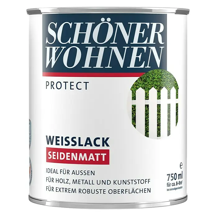 SCHÖNER WOHNEN-Farbe Protect Weißlack - Weiß, Seidenmatt, 750 ml, Lösemittelbasiert - Farbdose "Schöner Wohnen Protect Weisslack Seidenmatt" für Holz, Metall und Kunststoff, ideal für Außenanwendungen und robuste Oberflächen.