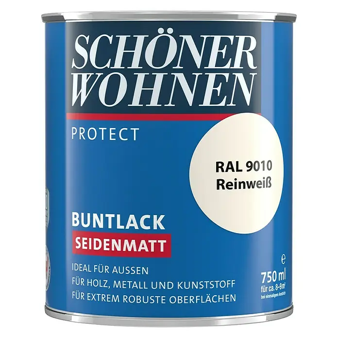 SCHÖNER WOHNEN-Farbe Protect Buntlack - Reinweiß, Seidenmatt, 750 ml, Lösemittelbasiert - Dose Schöner Wohnen Buntlack Seidenmatt Protect RAL 9010 Reinweiß, ideal für Holz, Metall und Kunststoff, für robuste Oberflächen.