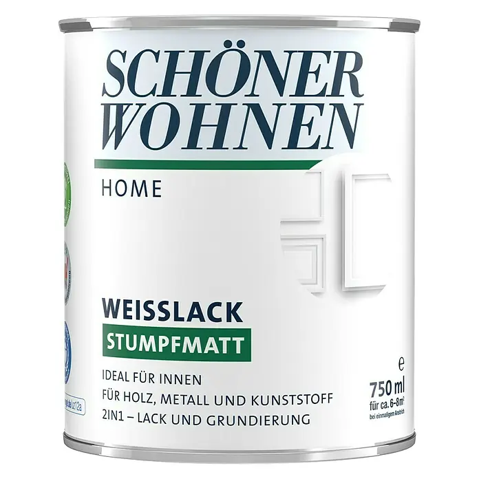 SCHÖNER WOHNEN-Farbe Home Weißlack - Weiß, Stumpfmatt, 750 ml, Wasserbasiert - Dose Schön Wohnen Home Weißlack Stumpfmatt, 750ml, für Holz, Metall und Kunststoff, ideal für Innen.