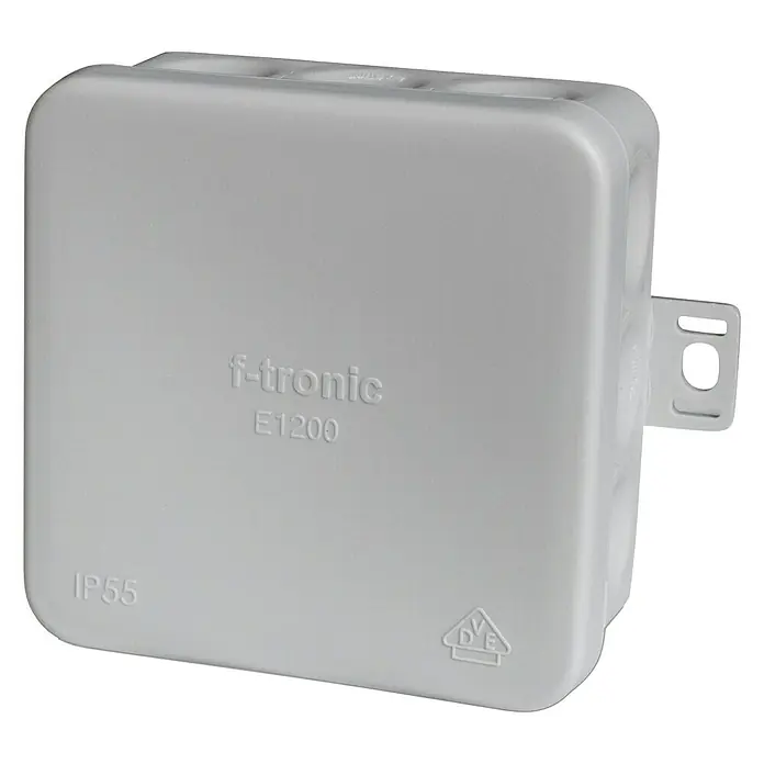 Feuchtraum-Abzweigdose - Mit Durchstoßmembran, 37 x 80 x 80 mm, Grau, Aufputzmontage, 1 Stk. - Grauer f-tronic E1200 Verteilerkasten, ideal für elektrische Installationen im Innen- und Außenbereich mit Schutzart IP55.