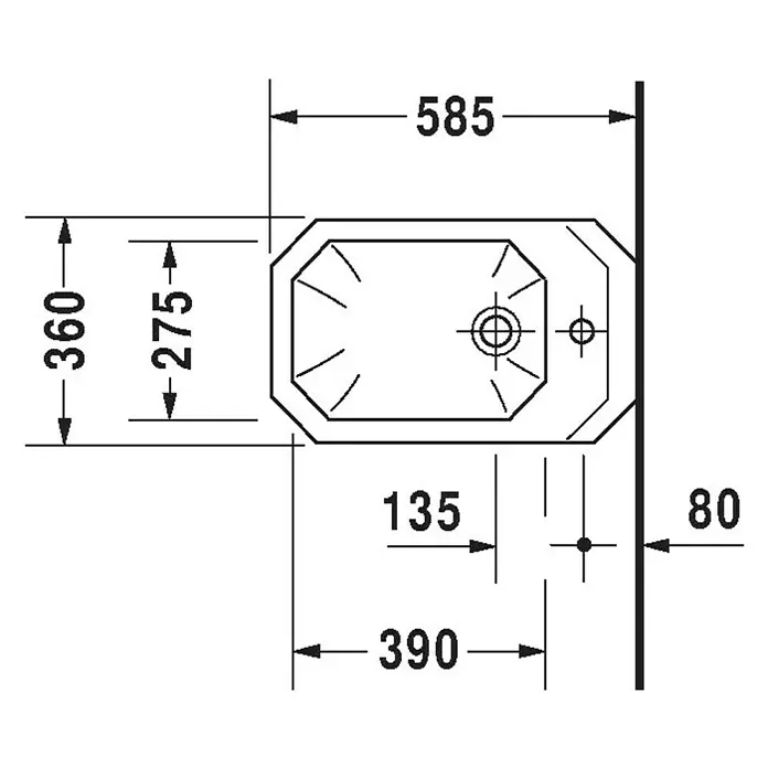 Duravit 1930 Wand-Bidet - 36 x 58,5 cm, Weiß, Keramik, Ohne Spezialglasur - Technische Zeichnung eines Waschtisches mit verschiedenen Maßen in Millimetern.