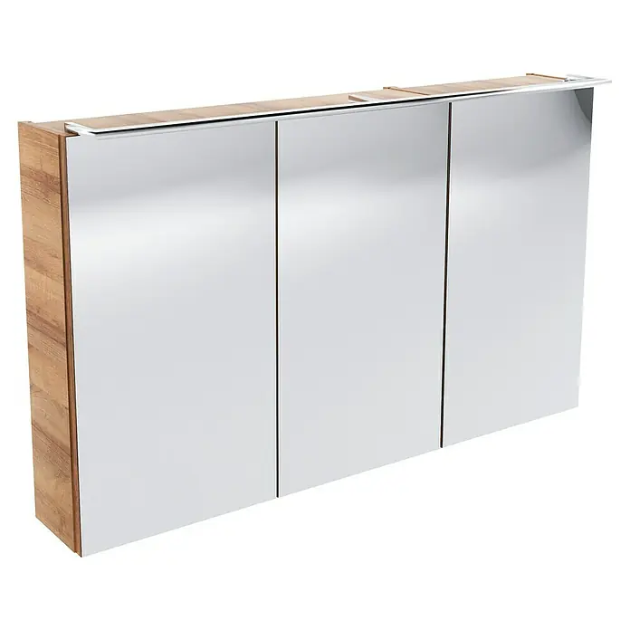 Camargue Stella LED-Spiegelschrank - B x H: 100 x 68,4 cm, Mit Beleuchtung, Berg Eiche - Das Bild zeigt einen Spiegelschrank mit drei Türen und einem Holzrahmen. Er ist hell und modern gestaltet und bietet praktischen Stauraum.